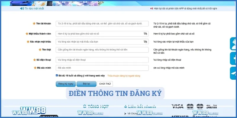 Thành viên điền đầy đủ thông tin tạo tài khoản