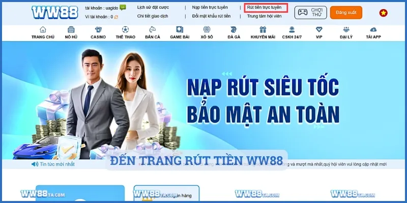 Thành viên chọn vào mục rút tiền trực tuyến để đến trang thực hiện giao dịch 